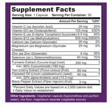Load image into Gallery viewer, Supplement facts panel for LupaVita multivitamin for lupus, psoriasis &amp; sjorgren&#39;s syndrome
